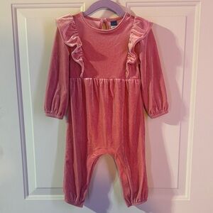 Velvet Long-Sleeve Ruffle-Trim Jumpsuit